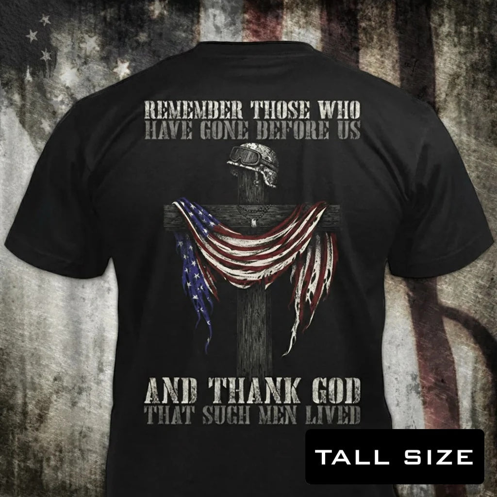 Remember Those Before Us distressed graphic men's tall T-shirt in black — distressed faith and cross graphic — Reborn XII