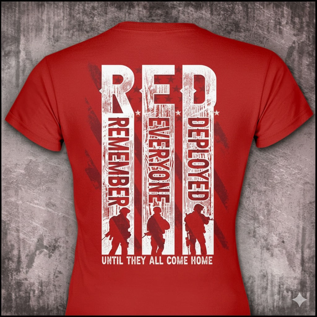 Remember Everyone Deployed distressed graphic women's T-shirt from Reborn XII
