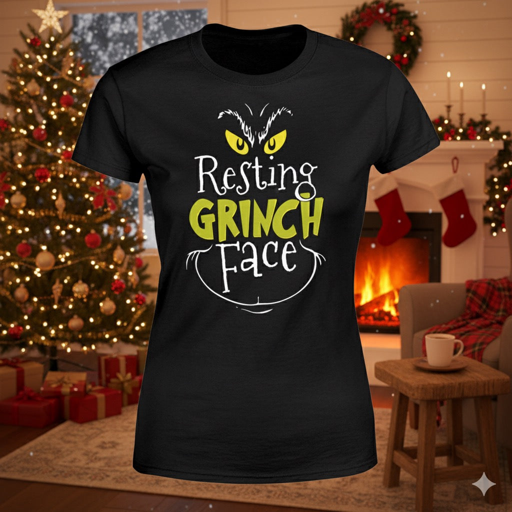 Resting Grinch Face distressed graphic women's T-shirt from Reborn XII