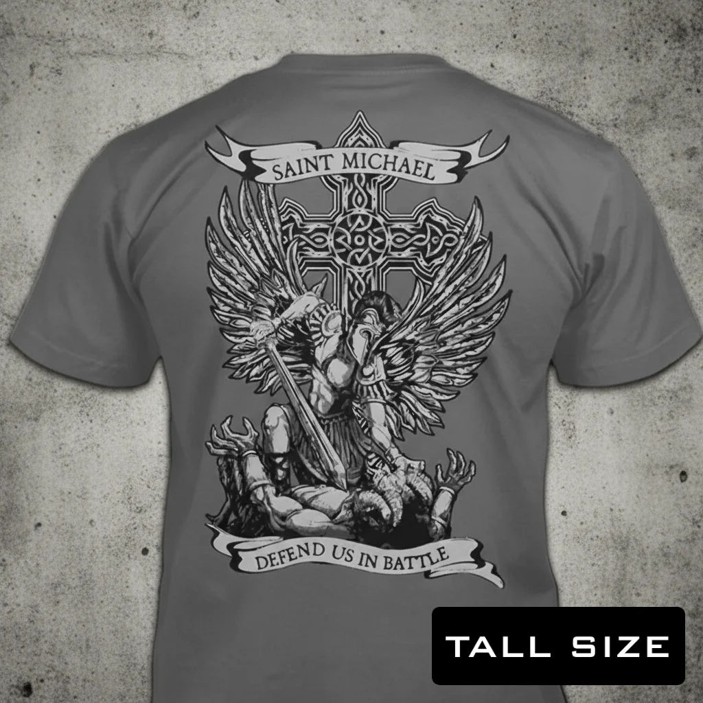 Saint Michael Defend Us distressed graphic men's tall T-shirt in grey — distressed faith and cross graphic — Reborn XII