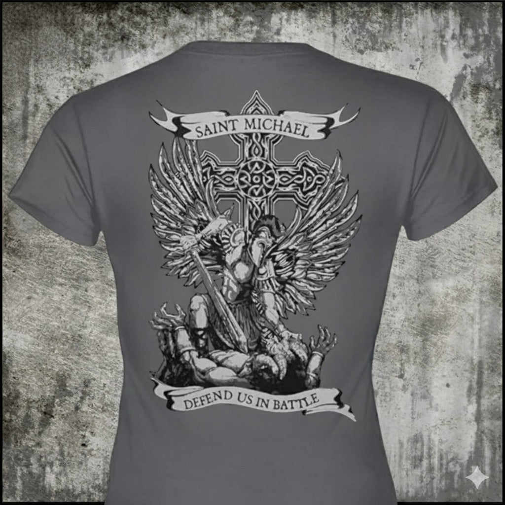 Saint Michael Defend Us distressed graphic women's T-shirt from Reborn XII