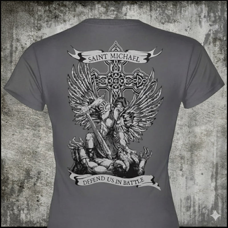 Saint Michael Defend Us distressed graphic women's T-shirt in black — distressed faith and cross graphic — Reborn XII
