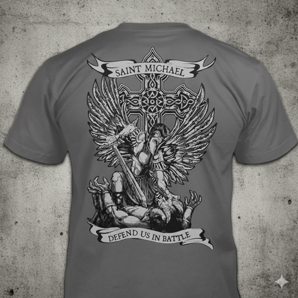 Saint Michael Defend Us distressed graphic men's T-shirt from Reborn XII
