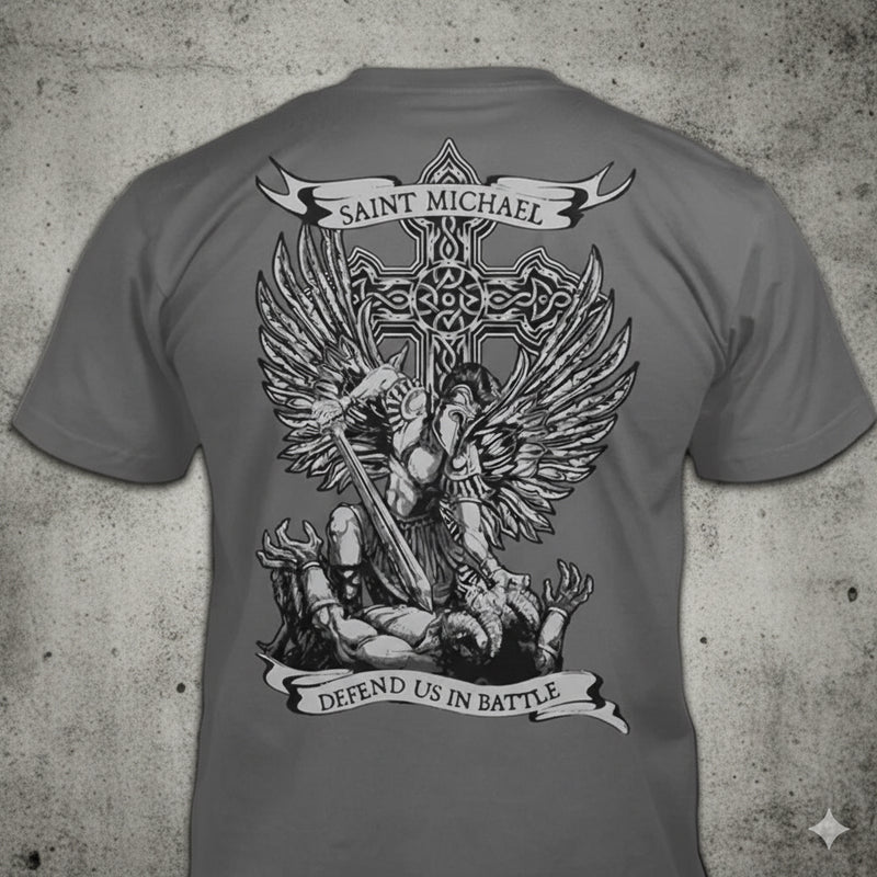 Saint Michael Defend Us distressed graphic men's T-shirt in black, distressed archangel graphic, Reborn XII