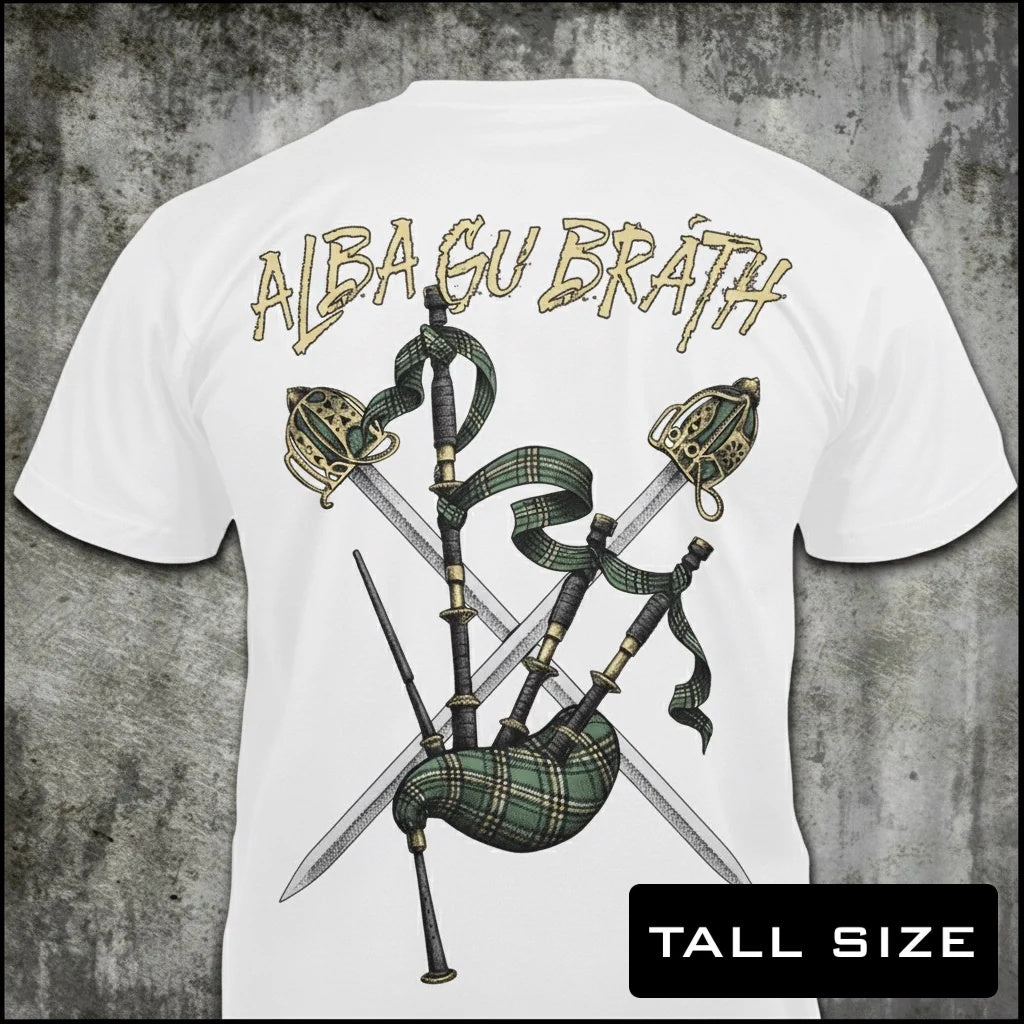 Scotland Forever distressed graphic men's tall T-shirt in white — distressed faith and cross graphic — Reborn XII