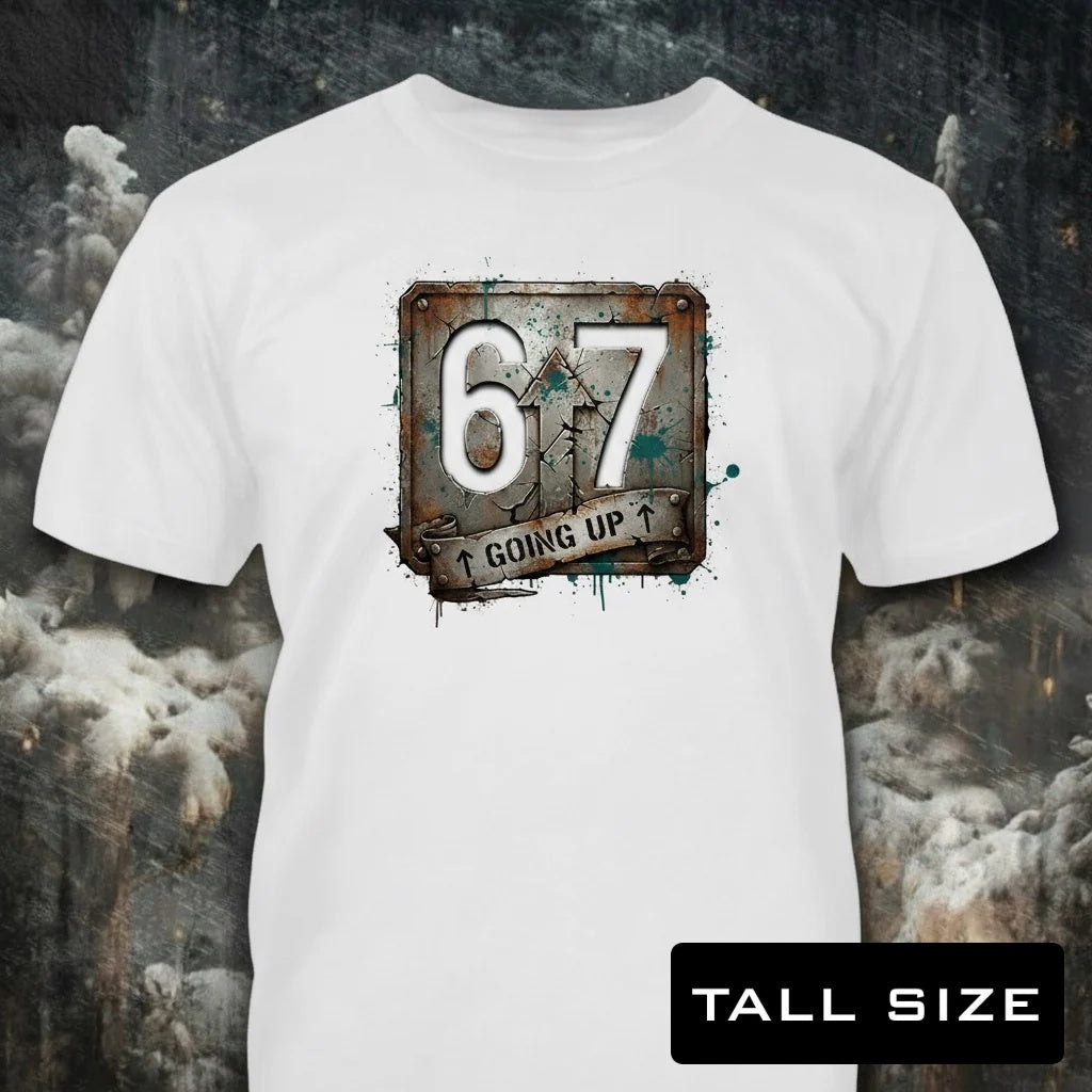 Six Seven distressed graphic men's tall T-shirt in black — bold humorous graphic — Reborn XII