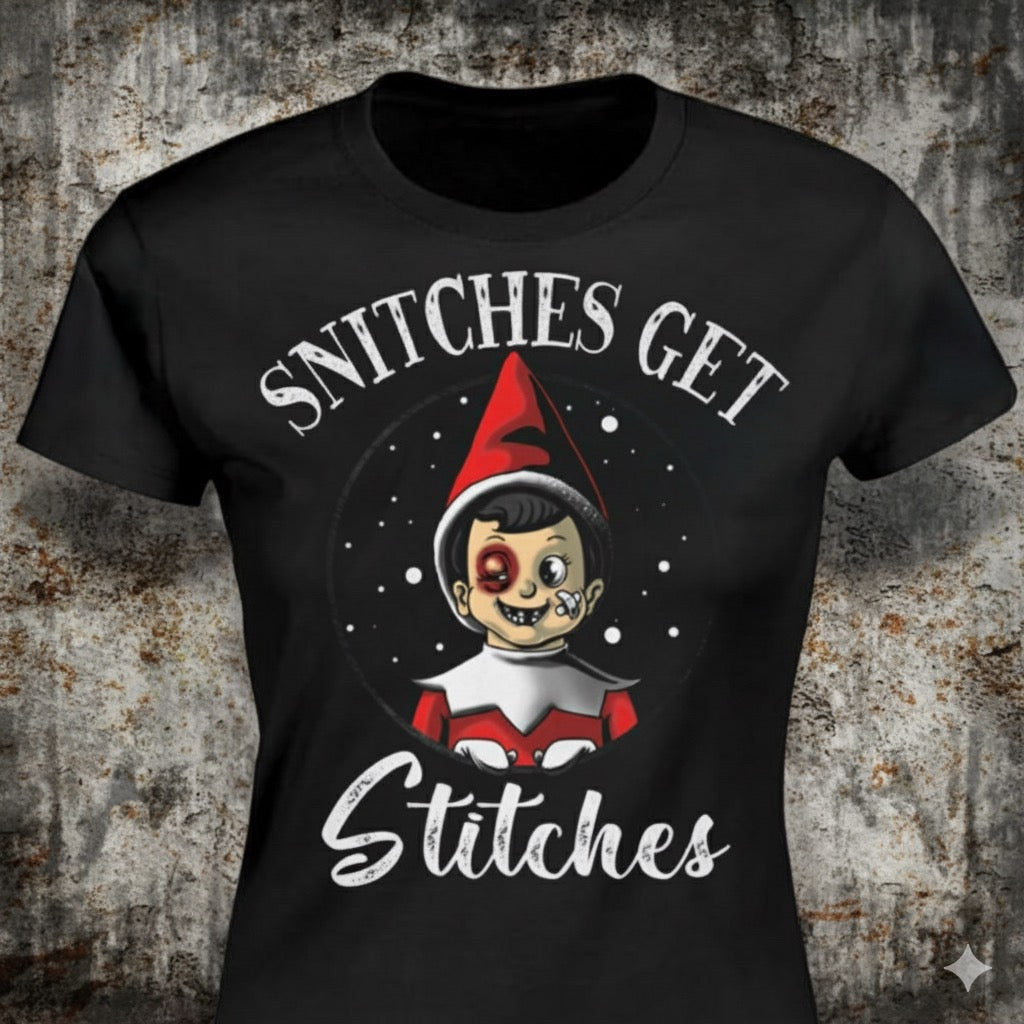 Snitches Get Stitches distressed graphic women's T-shirt from Reborn XII