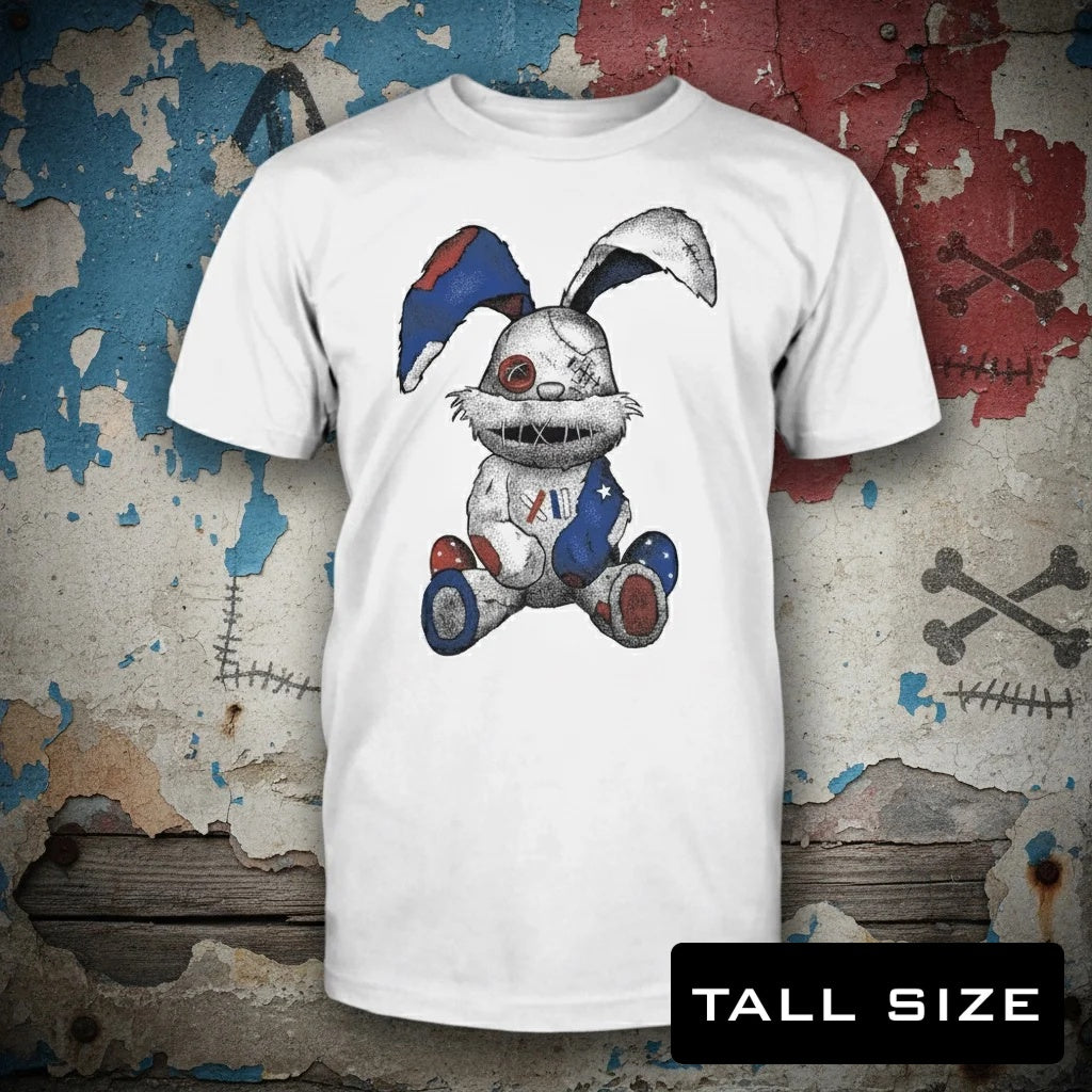 Stitched Bunny distressed graphic men's tall T-shirt in white — bold blue-collar work graphic — Reborn XII