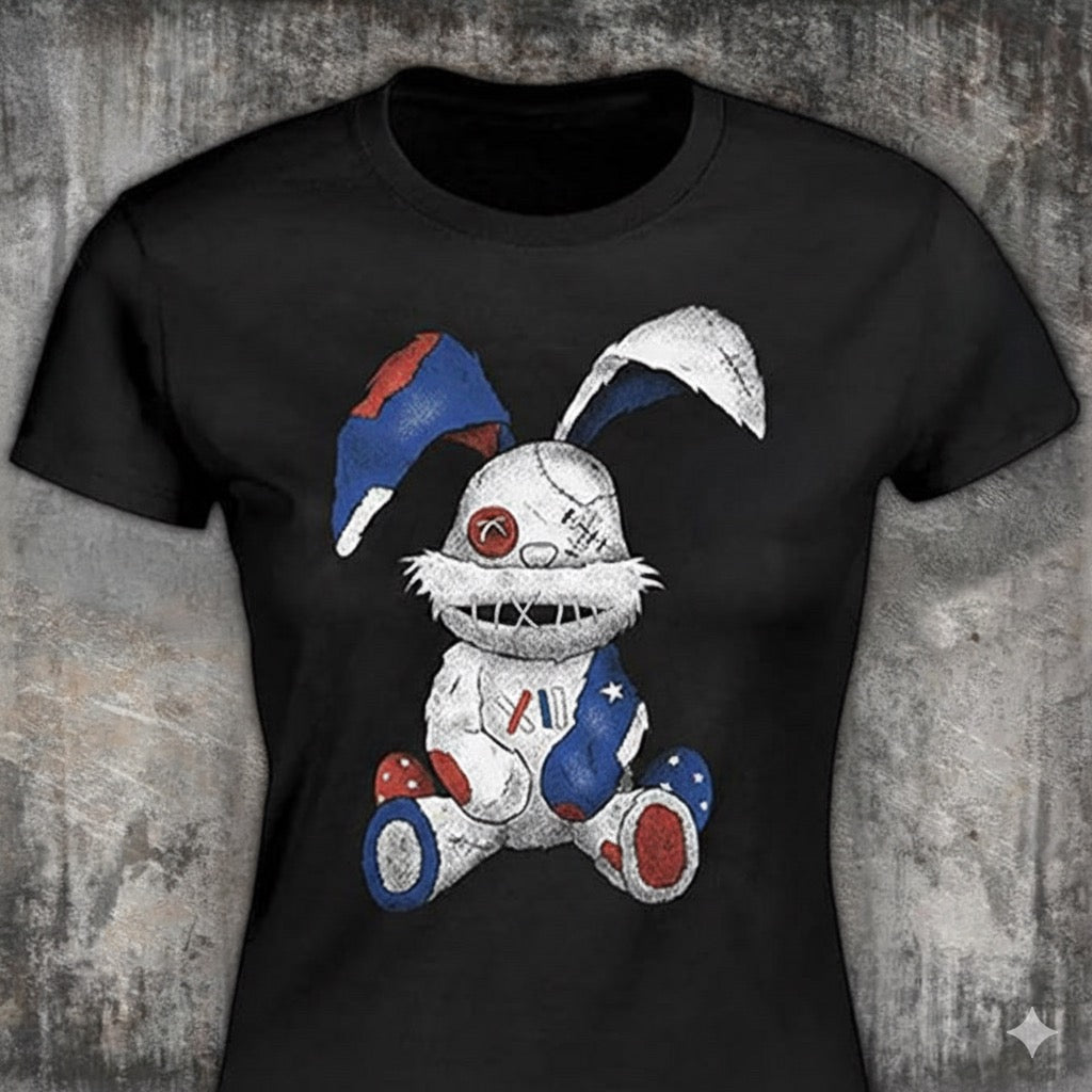 Stitched Bunny distressed graphic women's T-shirt in black - view 2 - Reborn XII
