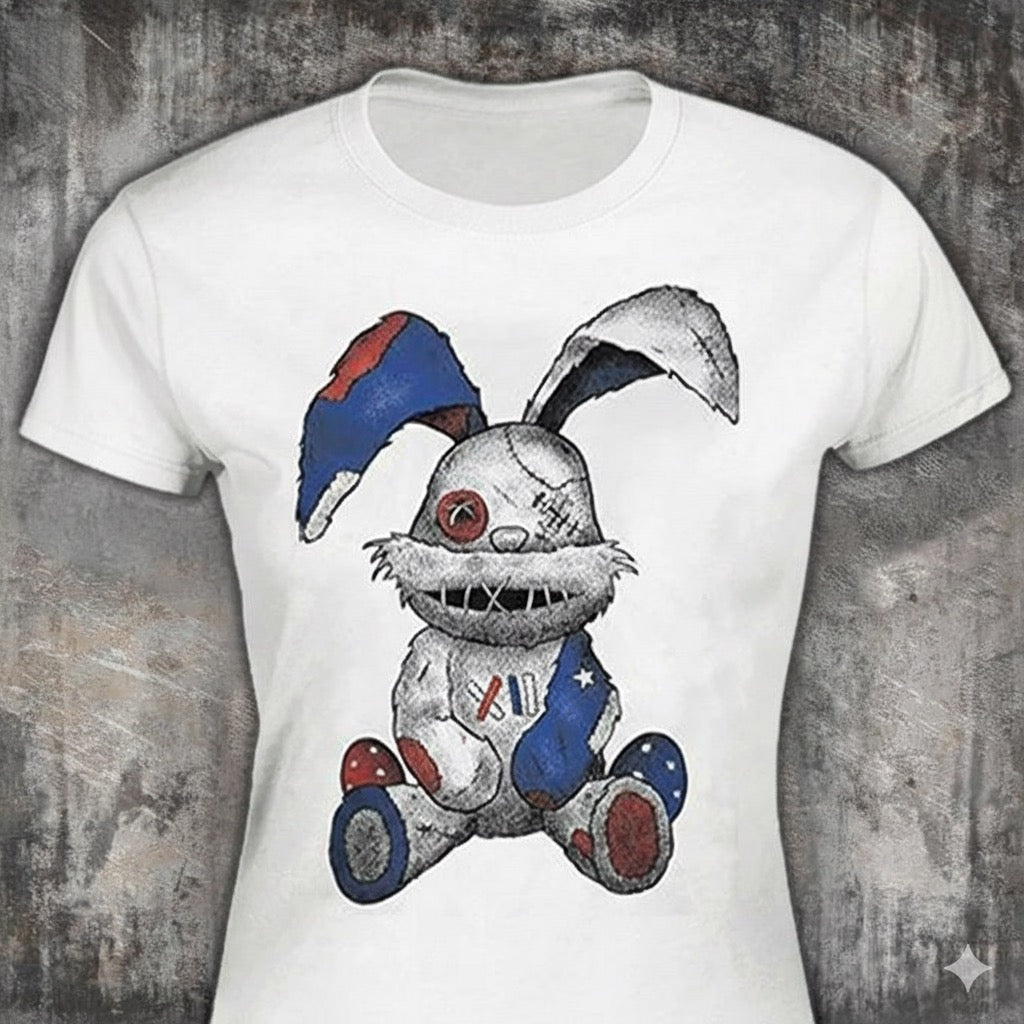 Stitched Bunny distressed graphic women's T-shirt in white from Reborn XII