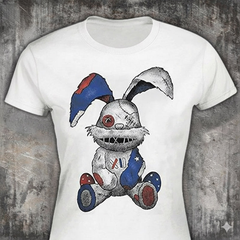 Stitched Bunny distressed graphic women's T-shirt in white — bold gothic graphic — Reborn XII