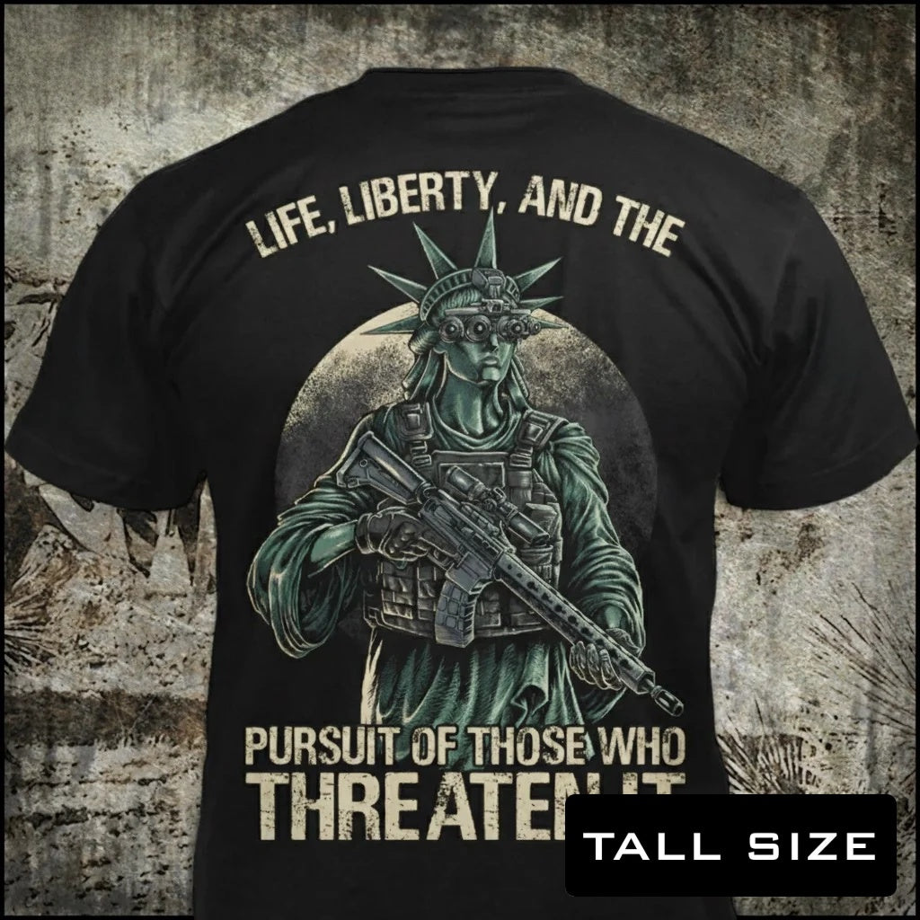 Tactical Liberty distressed graphic men's tall T-shirt in black — distressed patriotic firearms graphic — Reborn XII