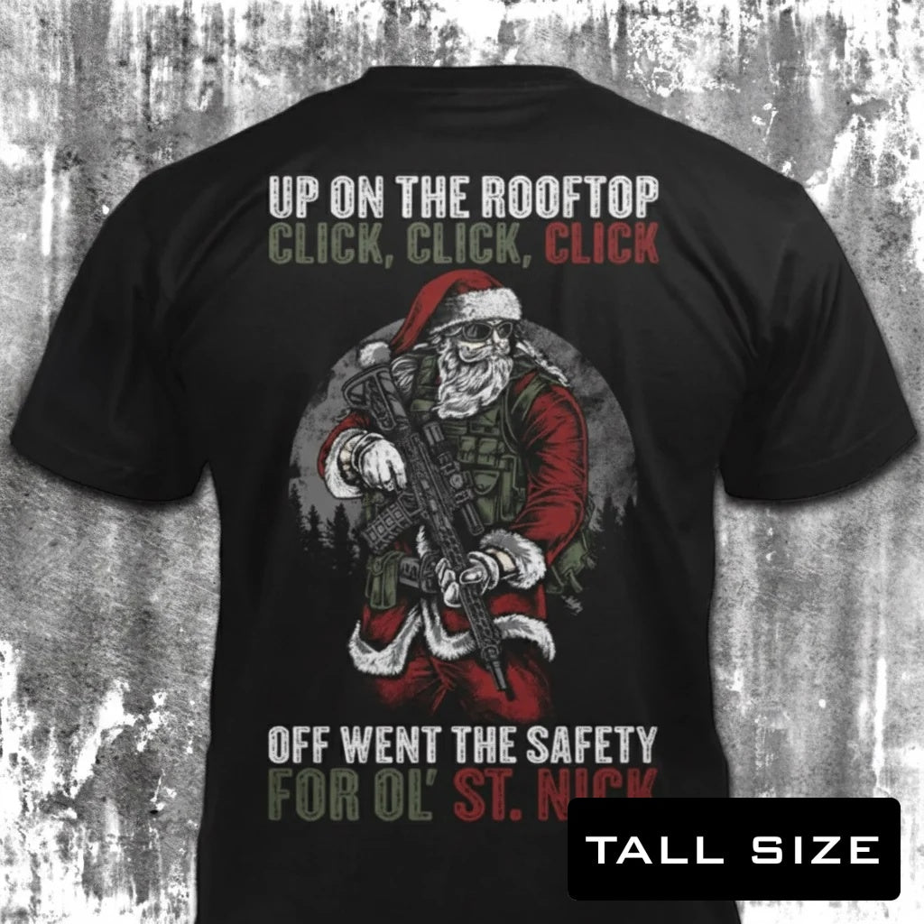 Tactical Santa distressed graphic men's tall T-shirt in black — bold Christmas graphic — Reborn XII