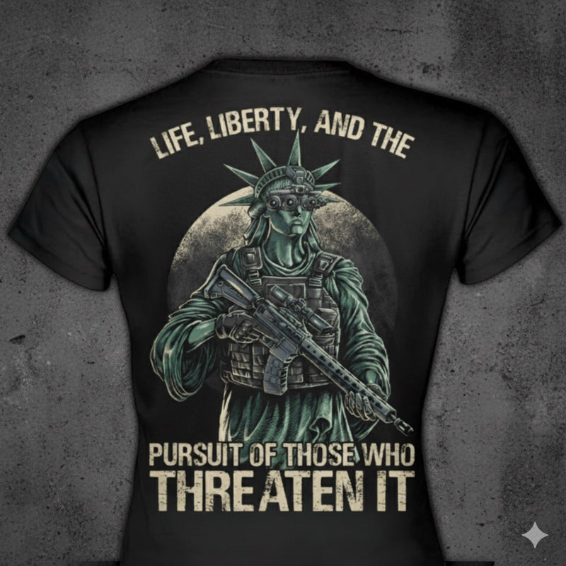 Tactical Liberty distressed graphic women's T-shirt in black — distressed patriotic firearms graphic — Reborn XII
