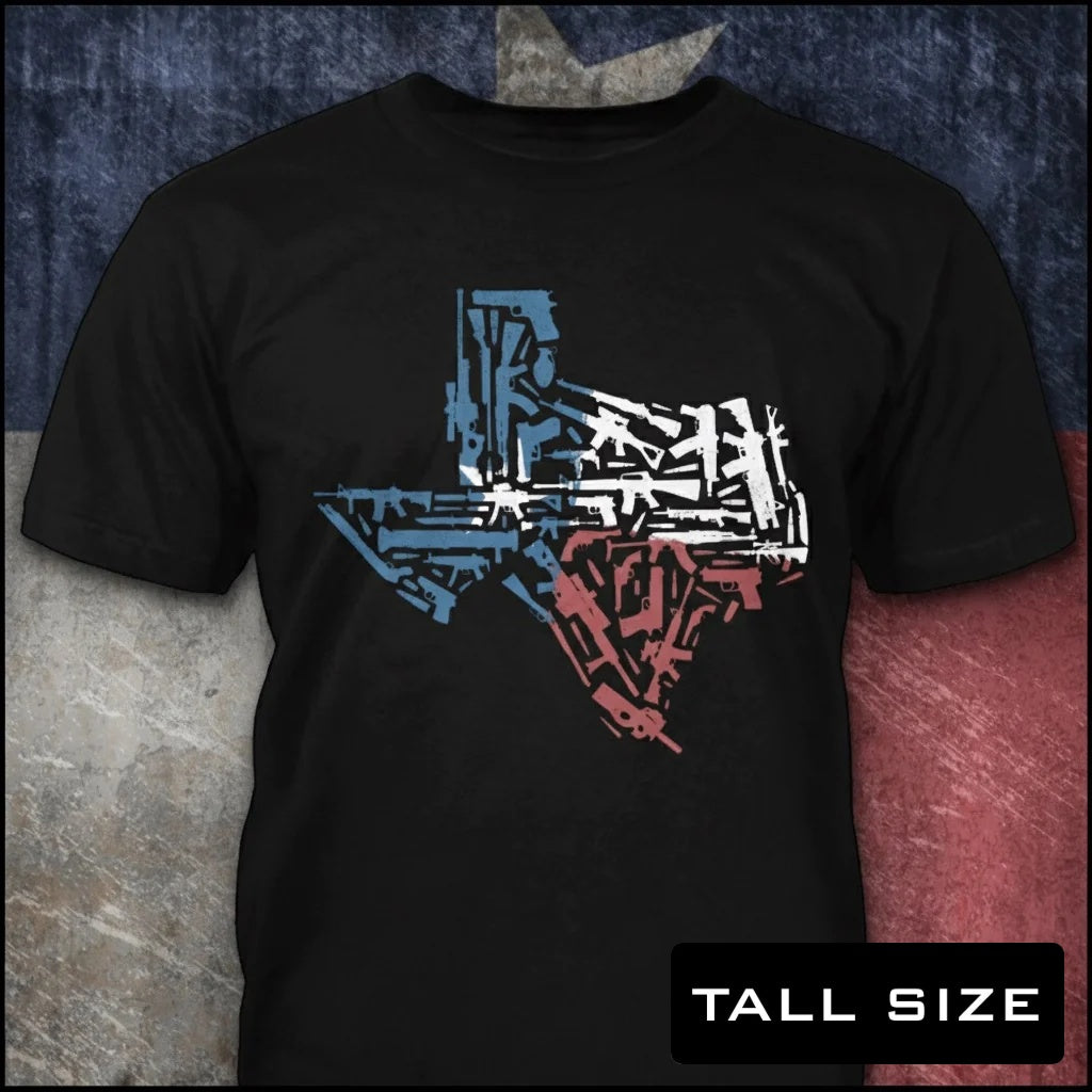 Texas Territory distressed graphic men's tall T-shirt in black — distressed patriotic firearms graphic — Reborn XII