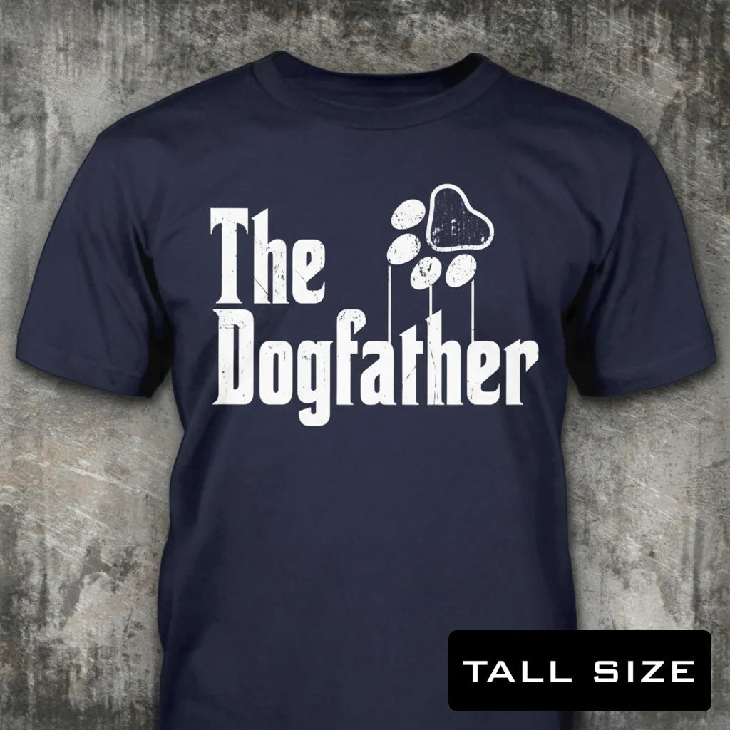 The Dogfather distressed graphic men's tall T-shirt in navy — bold dog-lover graphic — Reborn XII
