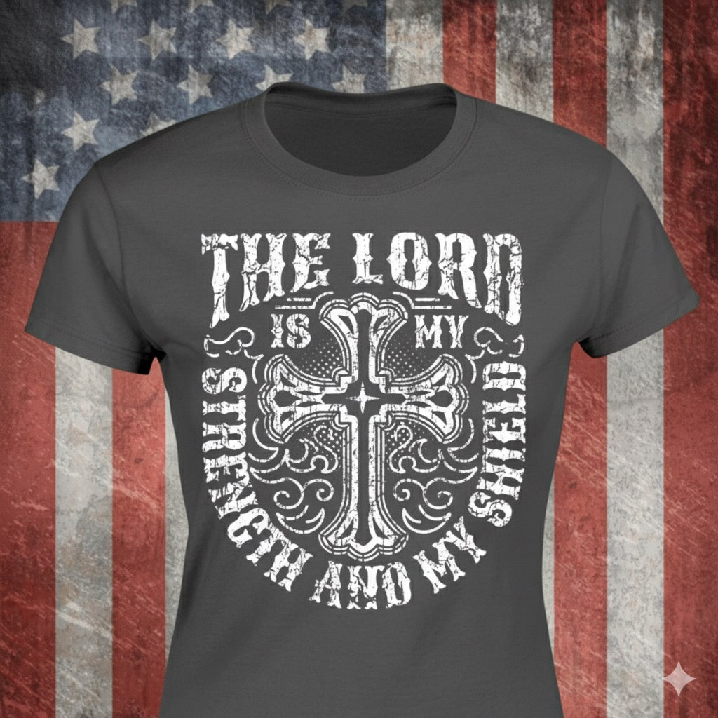 The Lord Is My Shield distressed graphic women's T-shirt from Reborn XII