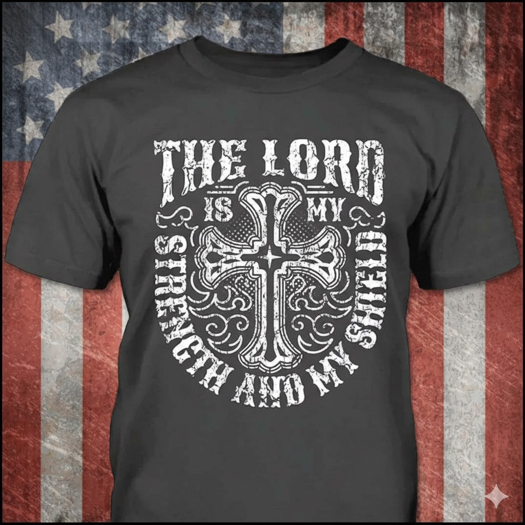 The Lord Is My Shield distressed graphic men's T-shirt from Reborn XII