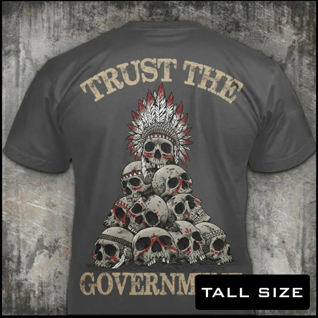 Trust The Government distressed graphic men's tall T-shirt in grey — distressed skull graphic — Reborn XII