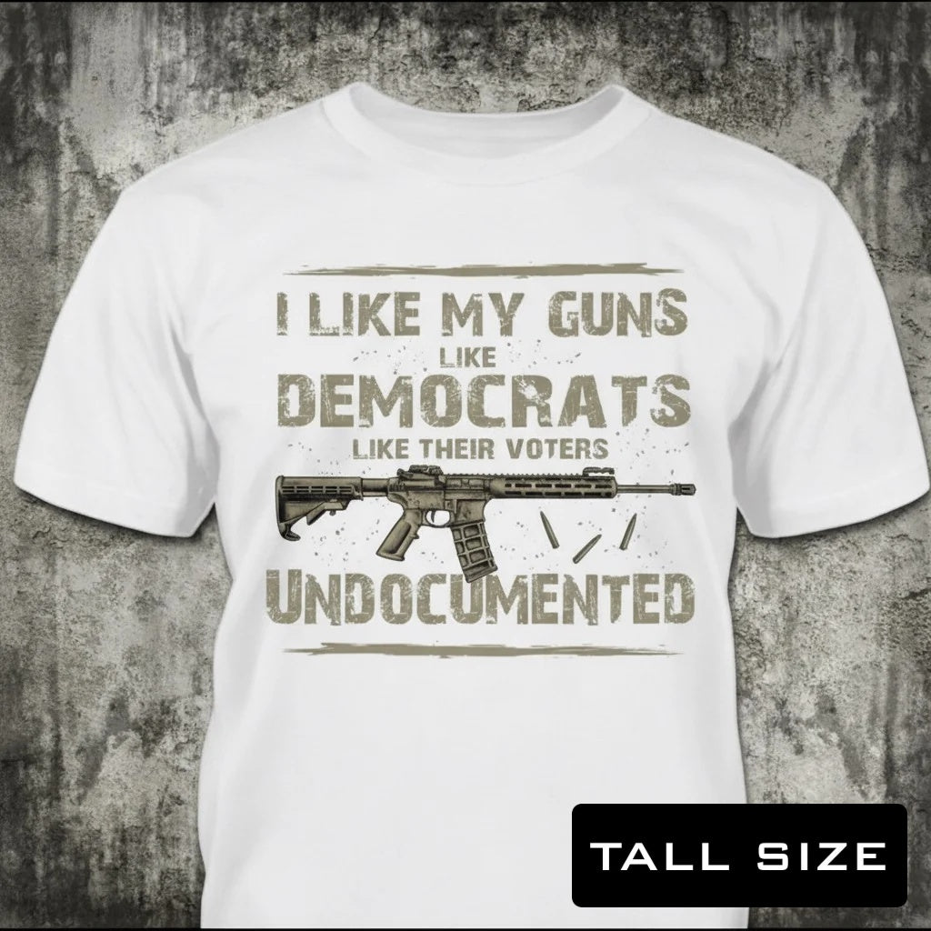Undocumented distressed graphic men's tall T-shirt in white — distressed patriotic firearms graphic — Reborn XII