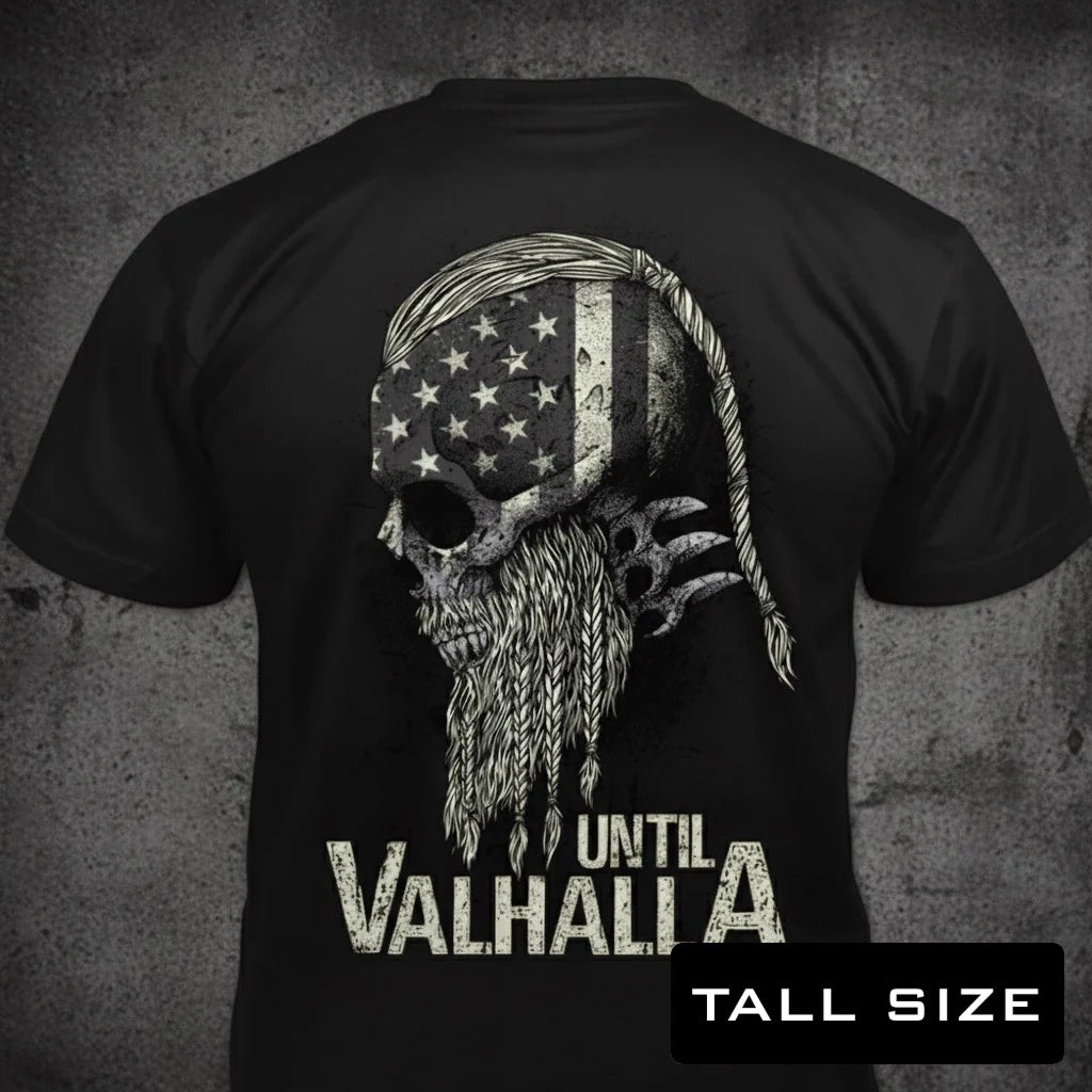 Until Valhalla distressed graphic men's tall T-shirt in black — distressed military and American flag graphic — Reborn XII