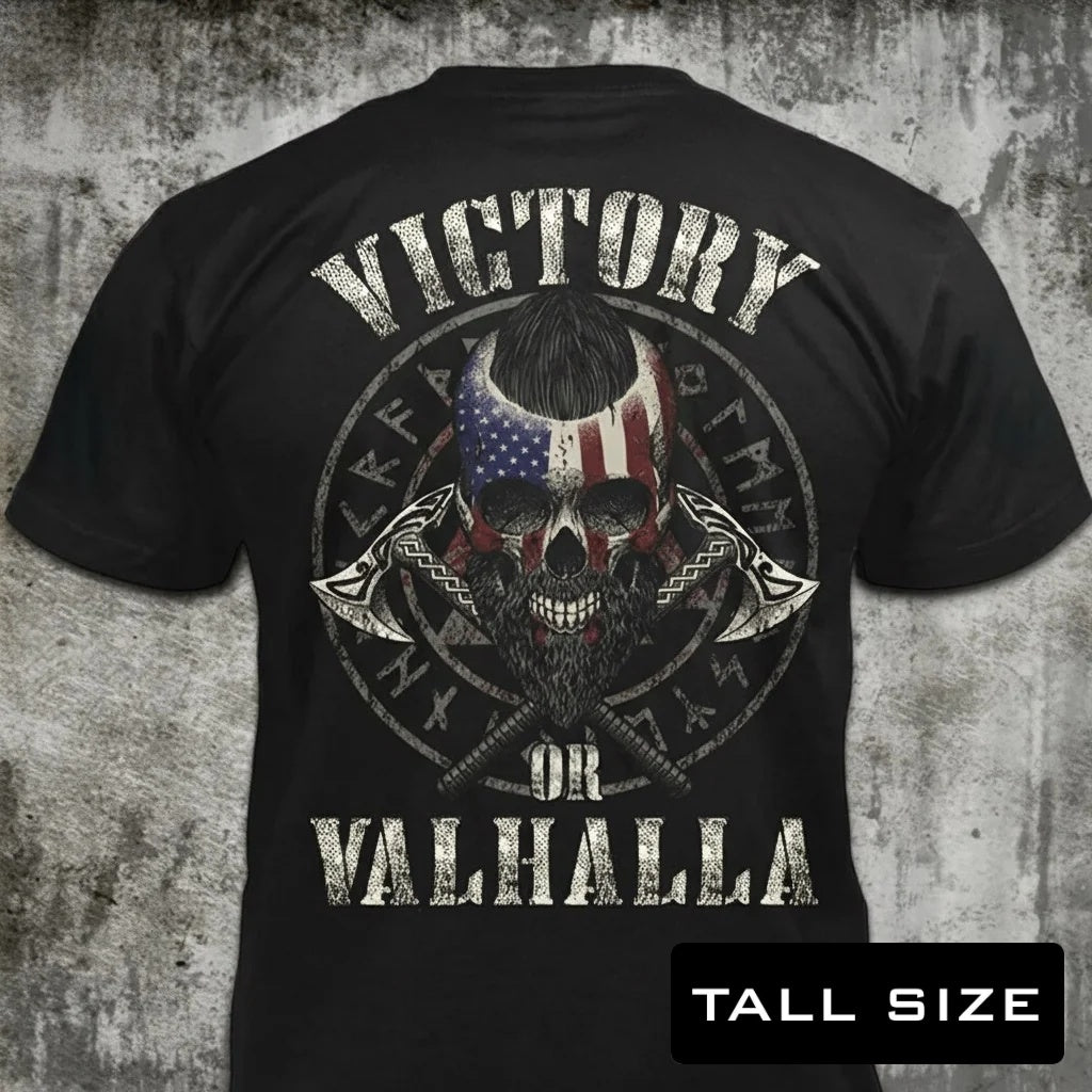 Victory Or Valhalla distressed graphic men's tall T-shirt in black — distressed faith and cross graphic — Reborn XII