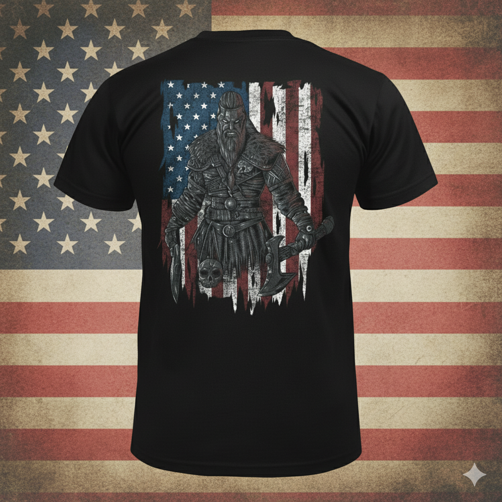 Viking Warrior American Flag distressed graphic men's T-shirt from Reborn XII