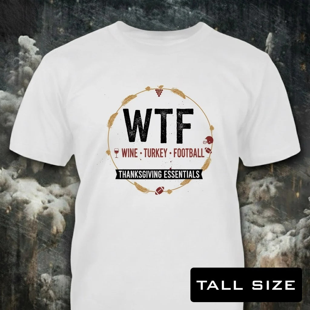W.T.F. distressed graphic men's tall T-shirt in black — distressed patriotic football graphic — Reborn XII