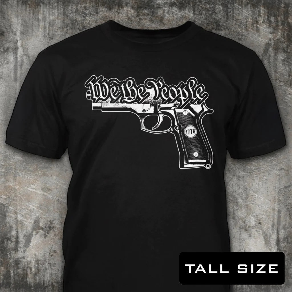We The People Gun distressed graphic men's tall T-shirt in black — distressed patriotic firearms graphic — Reborn XII