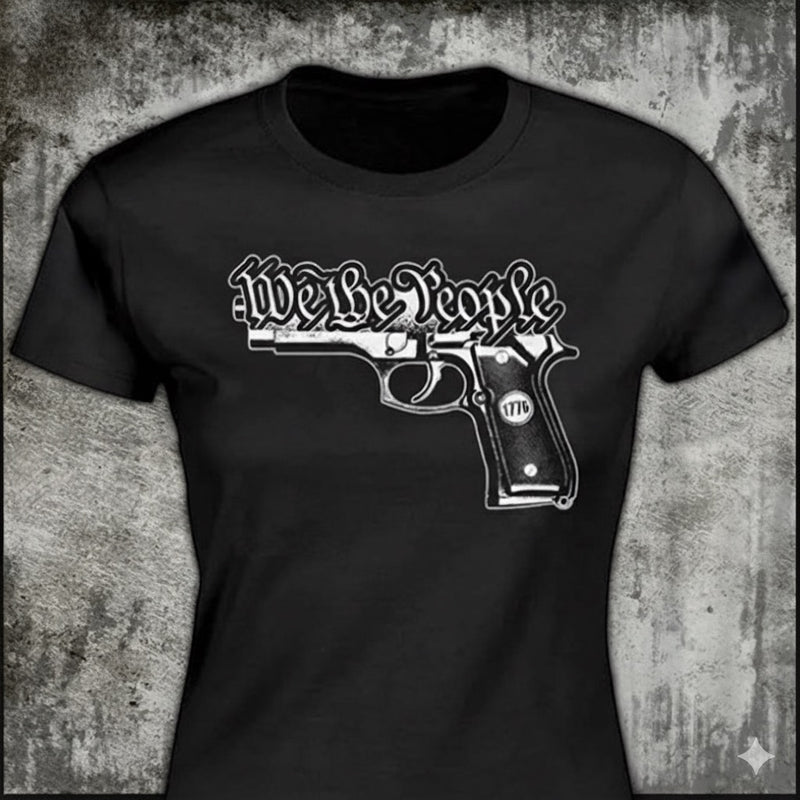 We The People Gun distressed graphic women's T-shirt in black — distressed patriotic firearms graphic — Reborn XII