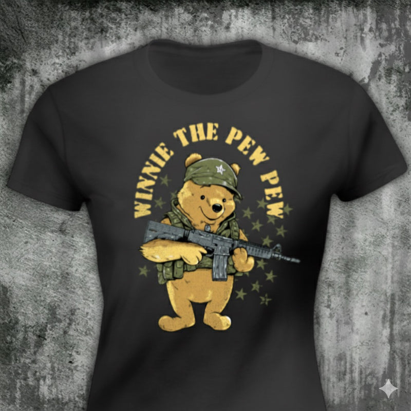Winnie The Pew distressed graphic women's T-shirt in black — distressed patriotic firearms graphic — Reborn XII