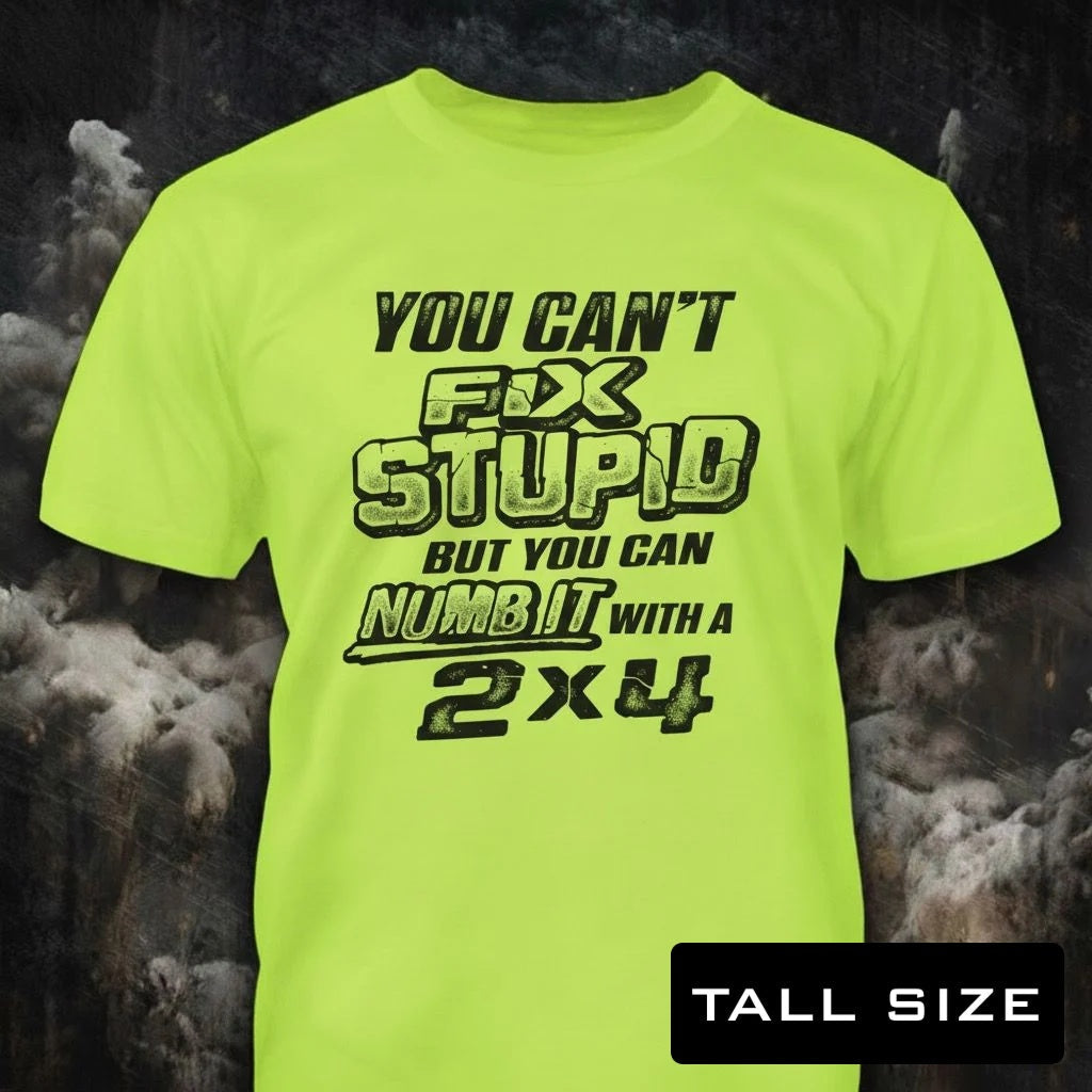 You Can't Fix Stupid distressed graphic men's tall T-shirt in green — bold blue-collar work graphic — Reborn XII