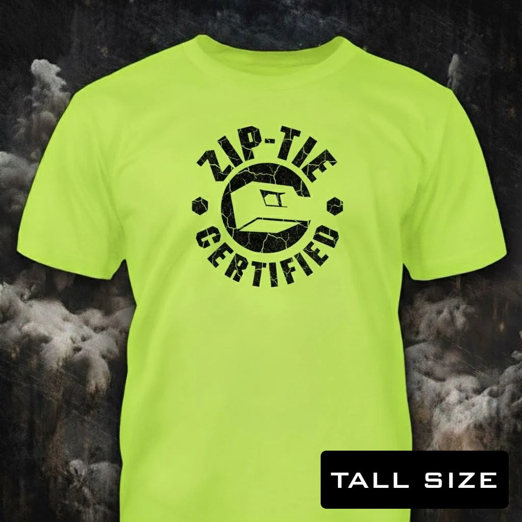 Zip Tie Certified distressed graphic men's tall T-shirt in green — bold blue-collar work graphic — Reborn XII