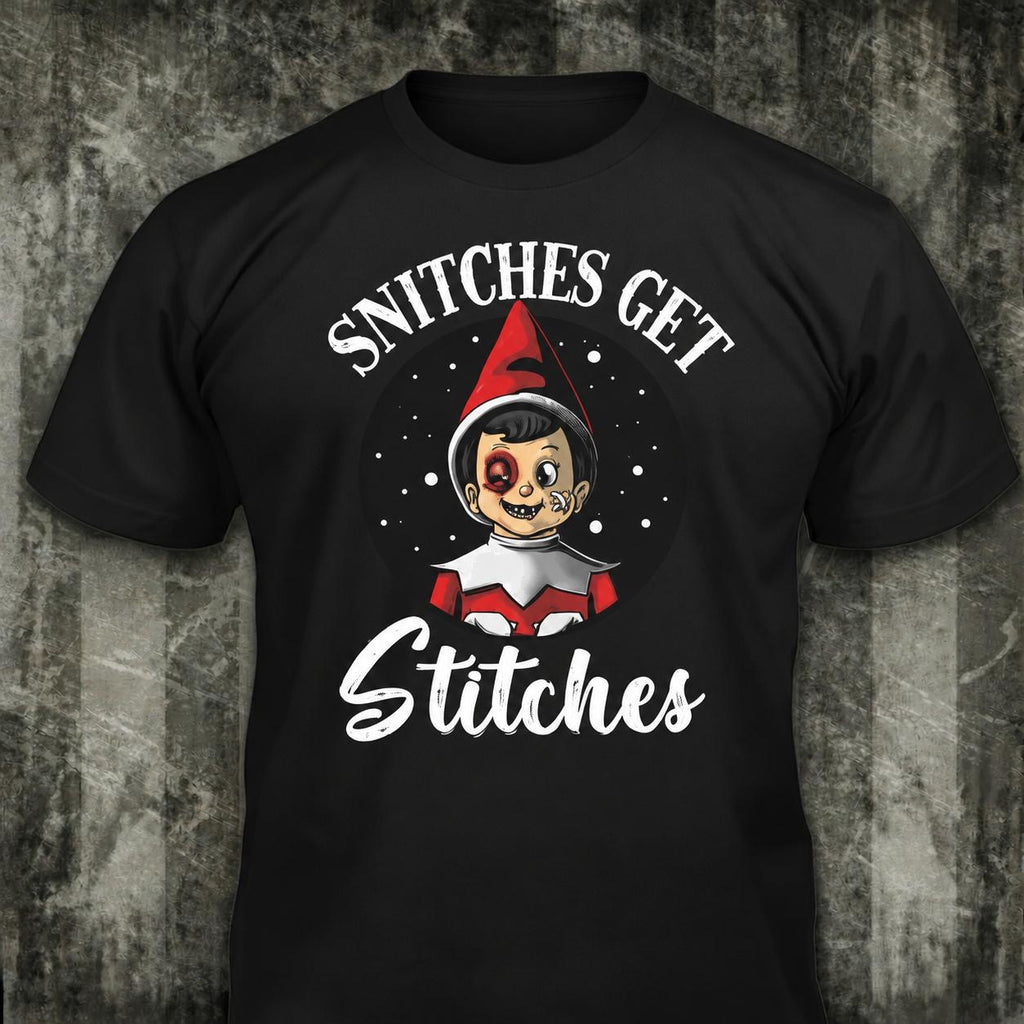 Snitches Get Stitches distressed graphic men's T-shirt in black — bold Christmas graphic — Reborn XII