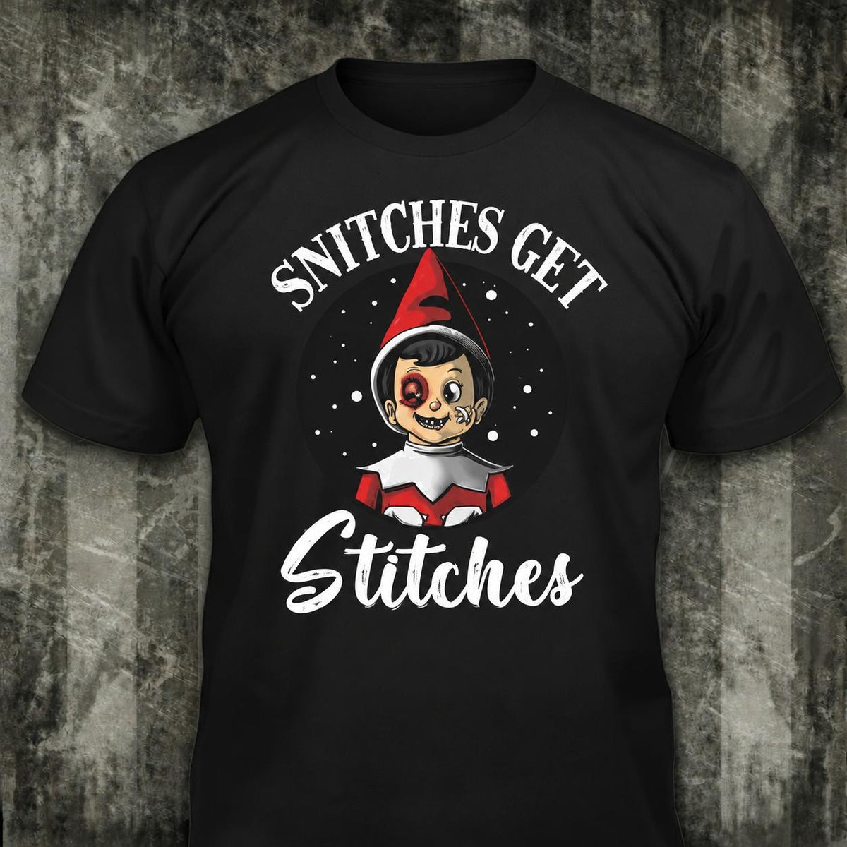 Snitches Get Stitches distressed graphic men's T-shirt in black — bold Christmas graphic — Reborn XII