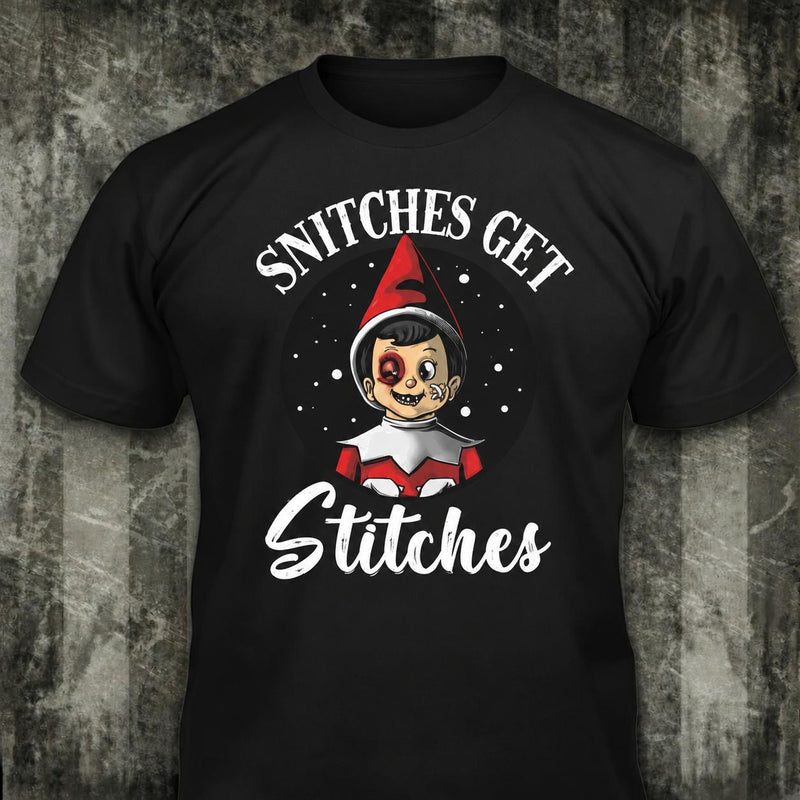 Snitches Get Stitches distressed graphic men's T-shirt in black — bold Christmas graphic — Reborn XII