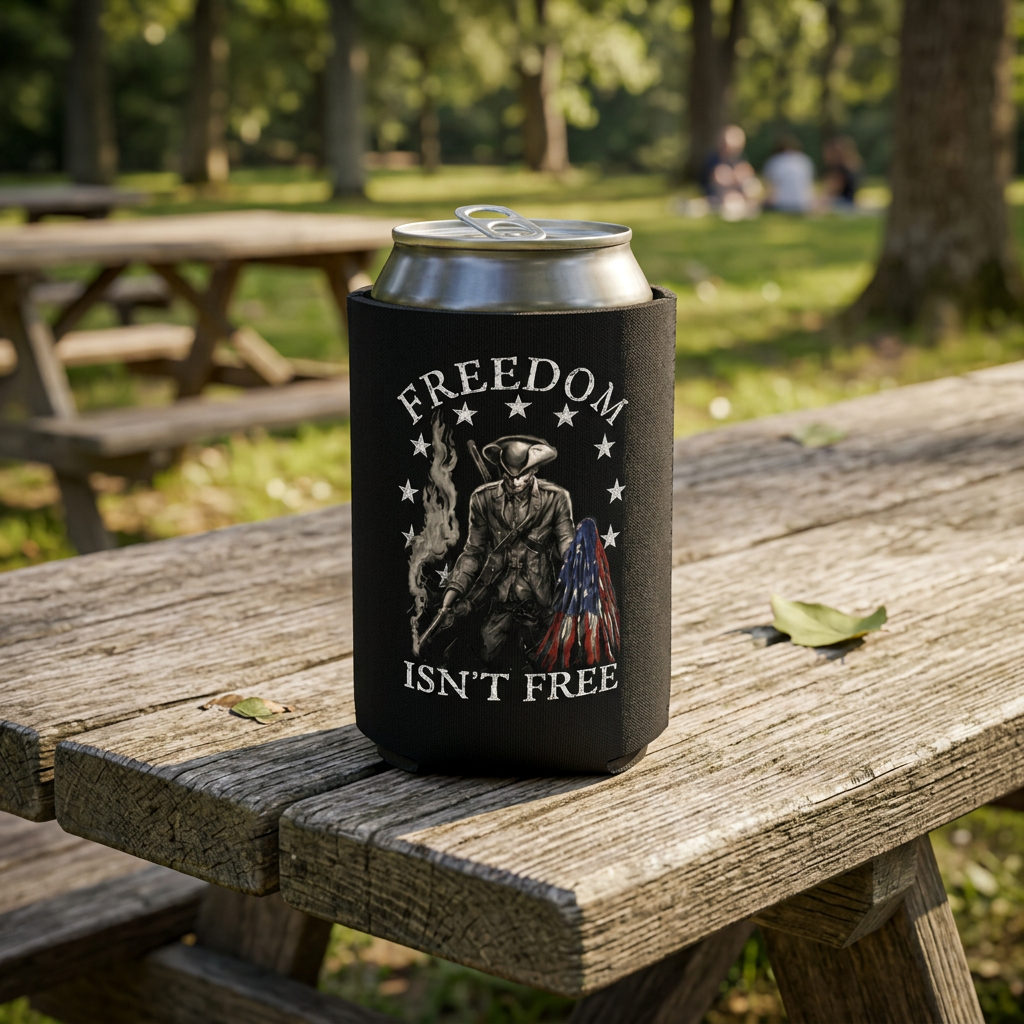 Freedom Isn't Free - Can Cooler 6-Pack — foam can cooler with military and American flag graphic — Reborn XII