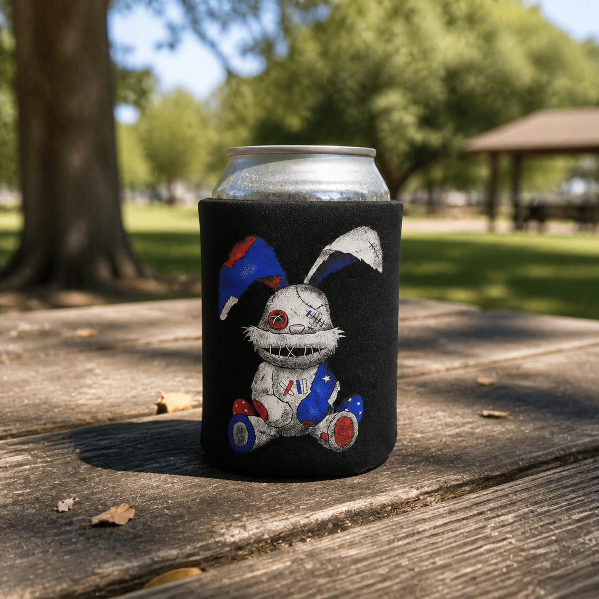 Stitched Bunny - Can Cooler 6-Pack — foam can cooler with Christmas graphic — Reborn XII