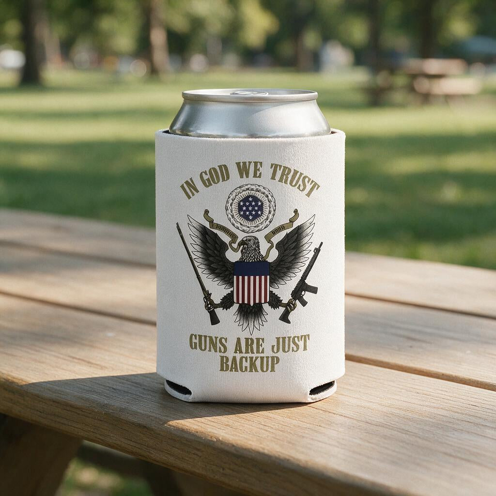 In God We Trust - Can Cooler 6-Pack — foam can cooler with faith and cross graphic — Reborn XII
