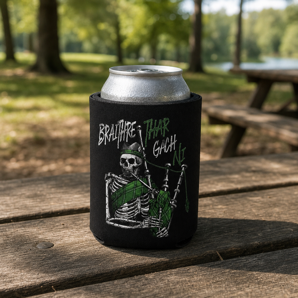 Bráithre Thar Gach Ní - Can Cooler 6-Pack — foam can cooler with Celtic and warrior graphic — Reborn XII