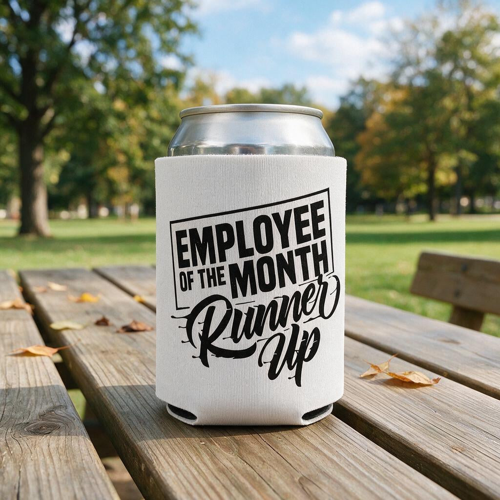 Employee Of The Month - Can Cooler 6-Pack — foam can cooler with drinking-humor graphic — Reborn XII