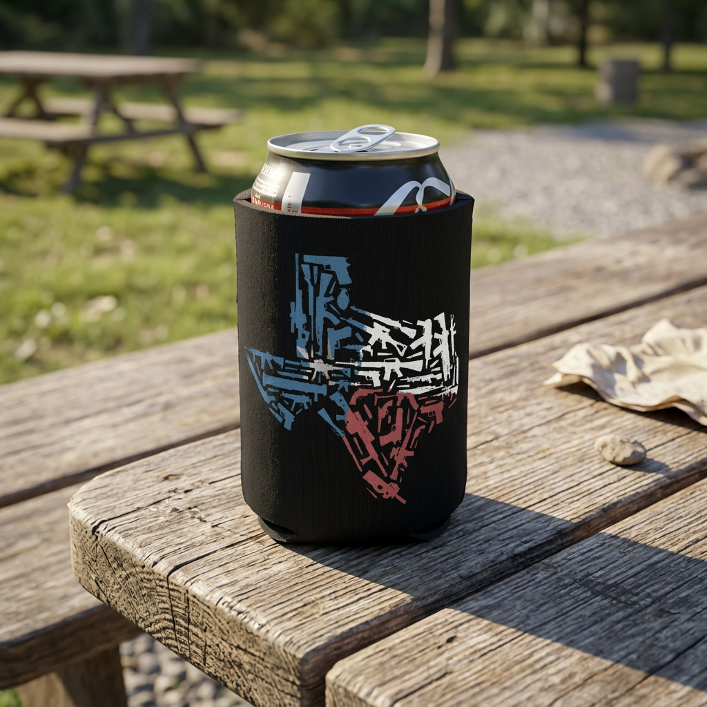 Texas Territory - Can Cooler 6-Pack — foam can cooler with patriotic firearms graphic — Reborn XII