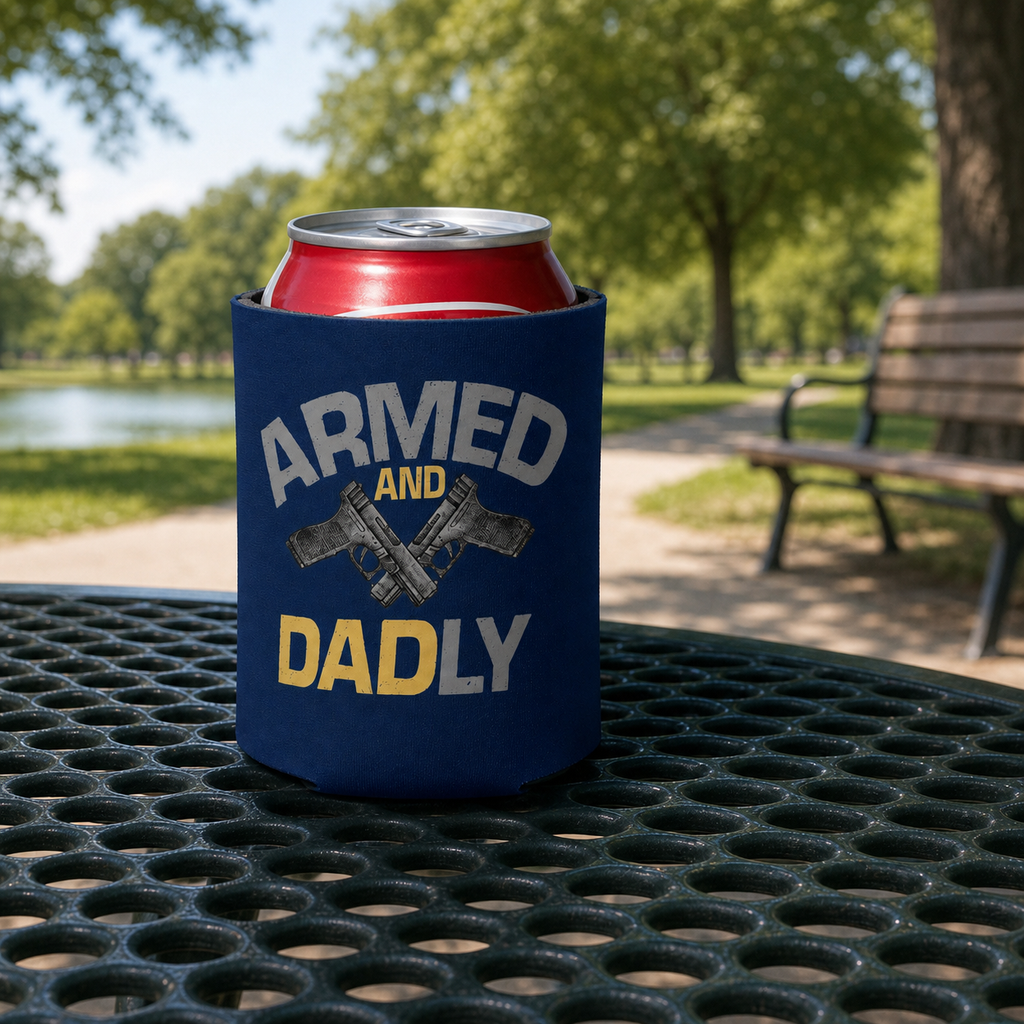 Armed And Dadly - Can Cooler 6-Pack — foam can cooler with funny dad graphic — Reborn XII