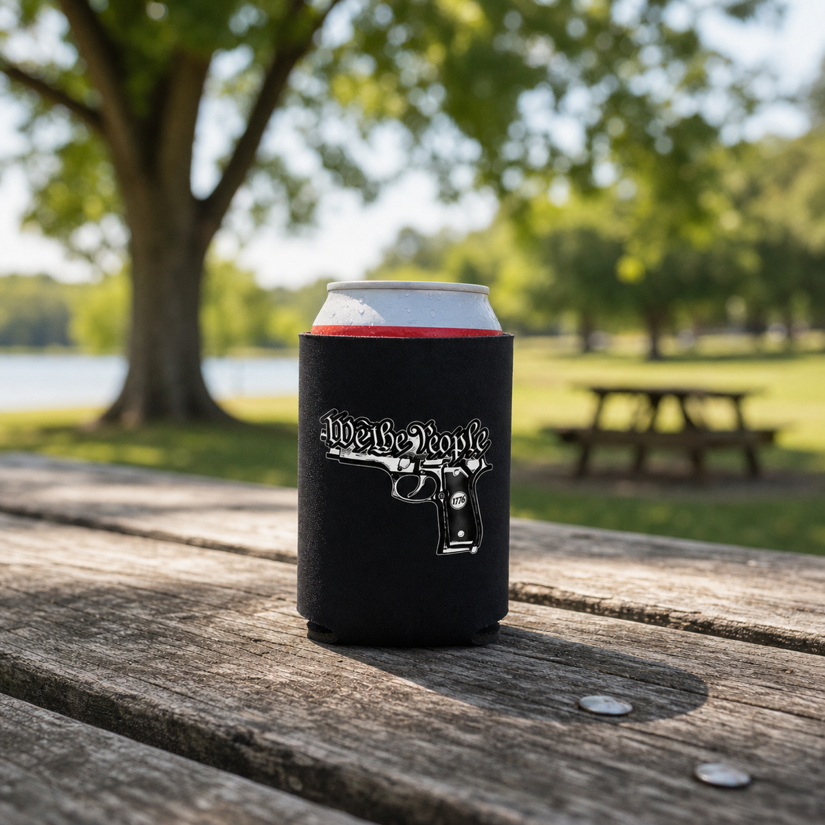 We The People Gun - Can Cooler 6-Pack — foam can cooler with patriotic firearms graphic — Reborn XII