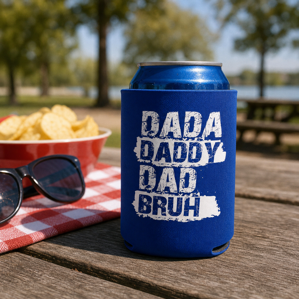 Dada, Daddy, Dad, Bruh - Can Cooler 6-Pack — foam can cooler with funny dad graphic — Reborn XII