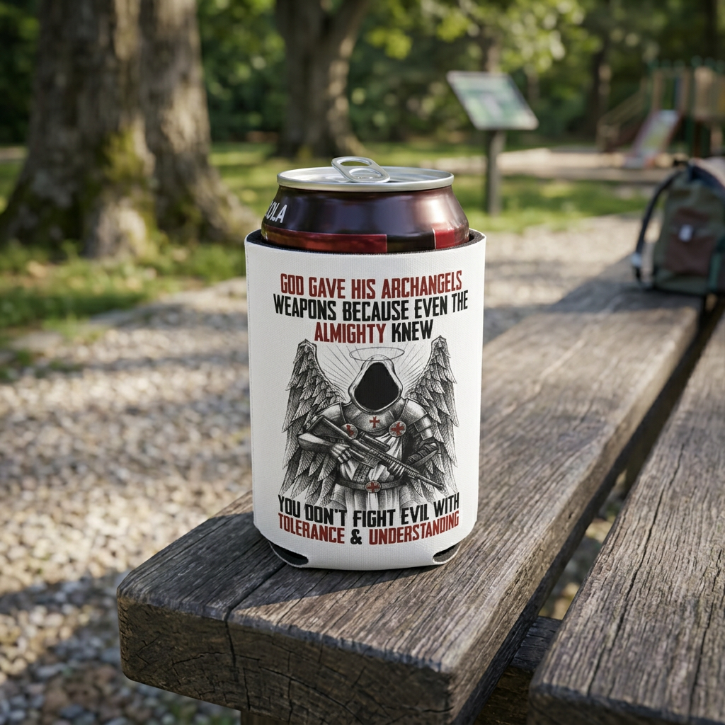 Archangels - Can Cooler 6-Pack — foam can cooler with faith and cross graphic — Reborn XII
