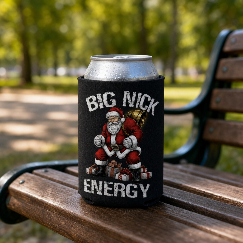 Big Nick Energy - Can Cooler 6-Pack — foam can cooler with Christmas graphic — Reborn XII