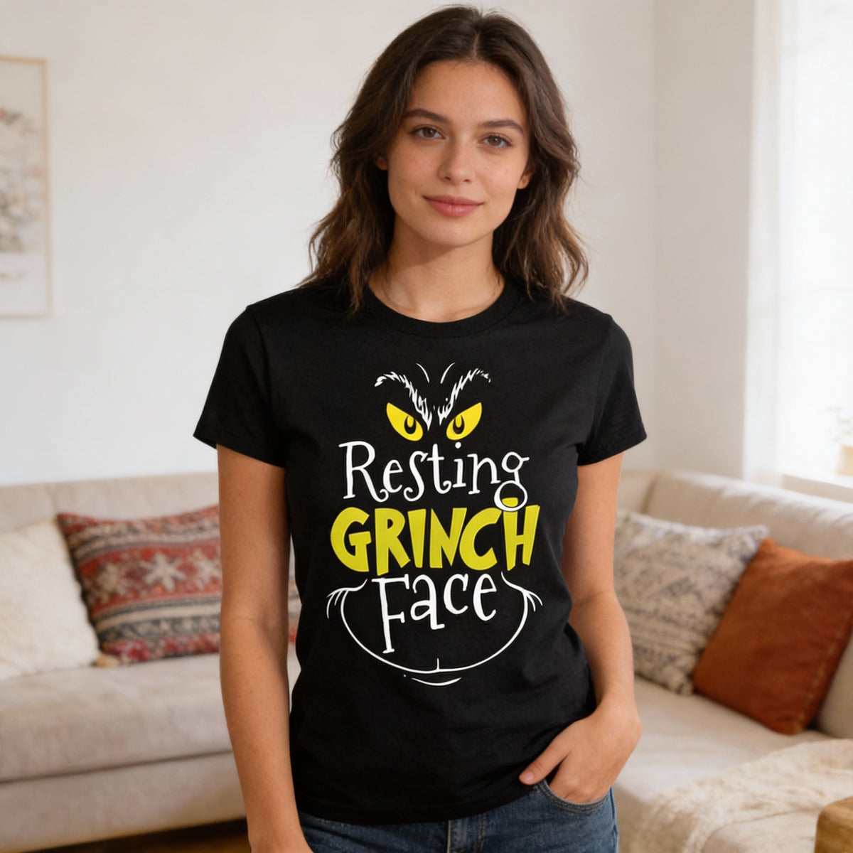 Resting Grinch Face distressed graphic women's T-shirt - view 3 - Reborn XII