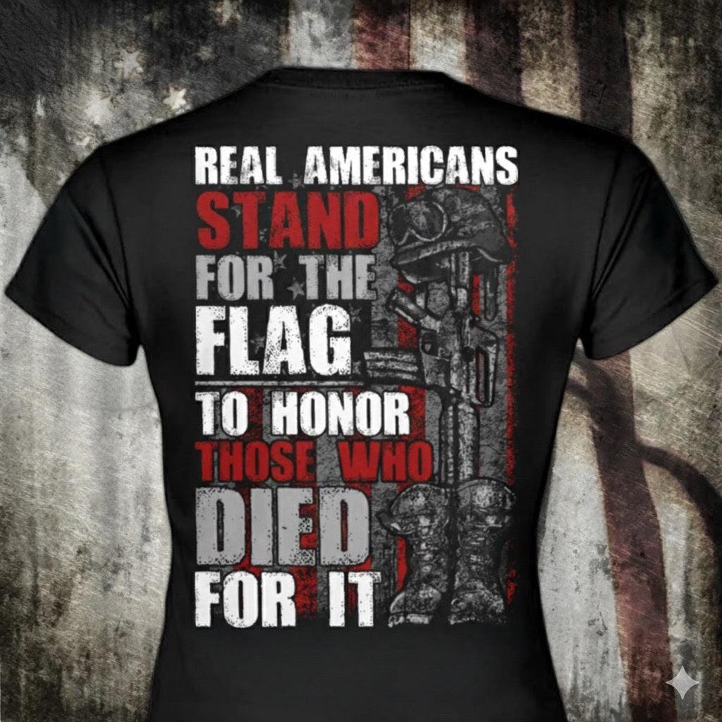 Stand For The Flag distressed graphic women's T-shirt from Reborn XII