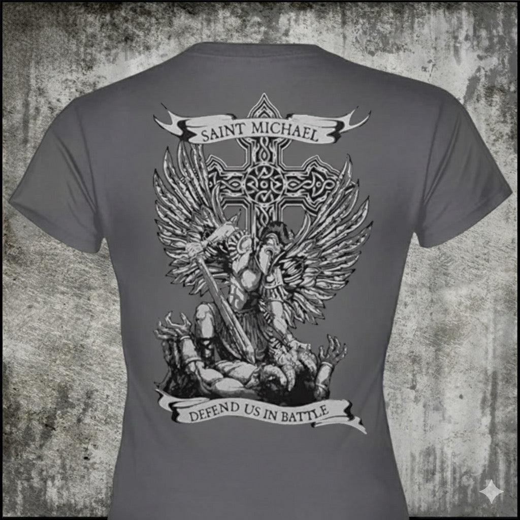 Saint Michael Defend Us distressed graphic women's T-shirt from Reborn XII